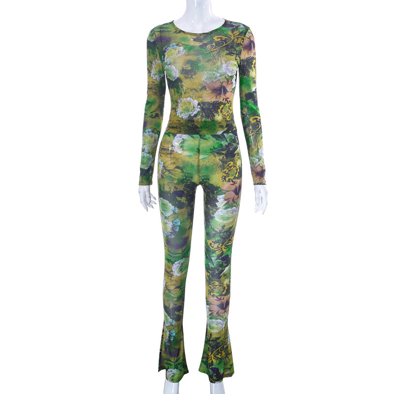 New Fashion Mesh Printed Tight Top And Trousers Casual Suit