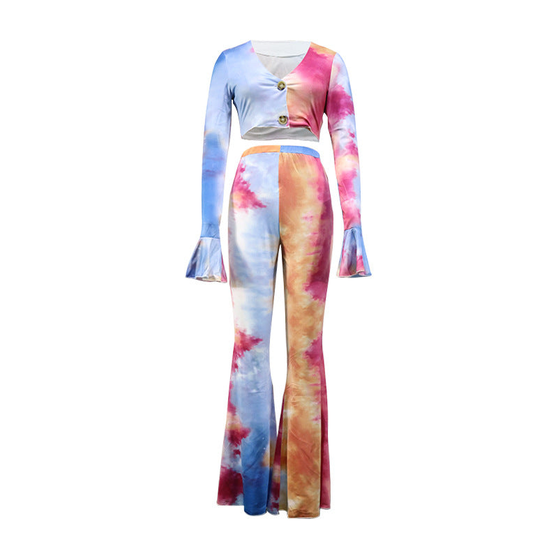 Autumn And Winter Women's Fashion Tie Dye Casual Short Long Sleeved Trousers Two Piece Set