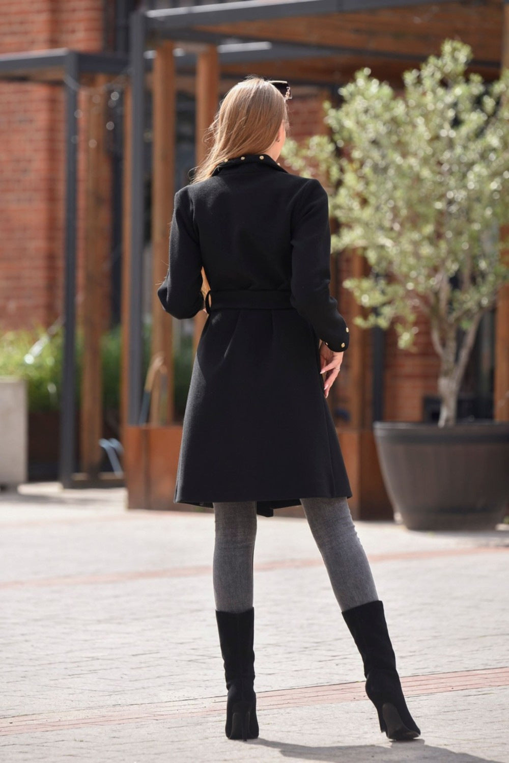 Lace Up Waist Rivet Long Sleeve Coat