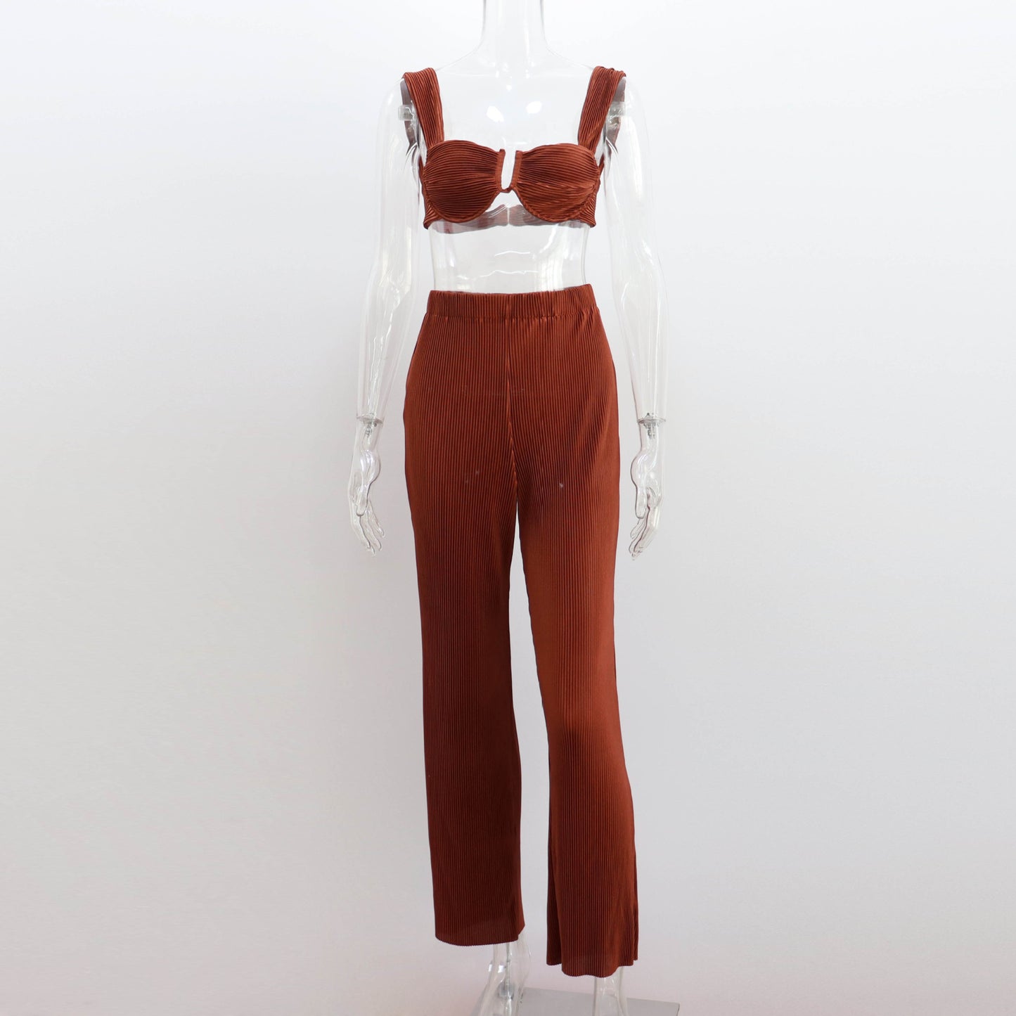 Women's Fashion Pleated Vest Casual Straight Pants Suit