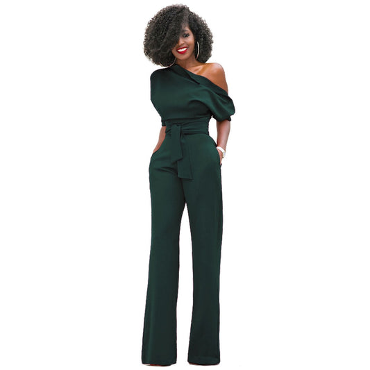 Hot selling classic solid color diagonal collar button up jumpsuit wide leg pants