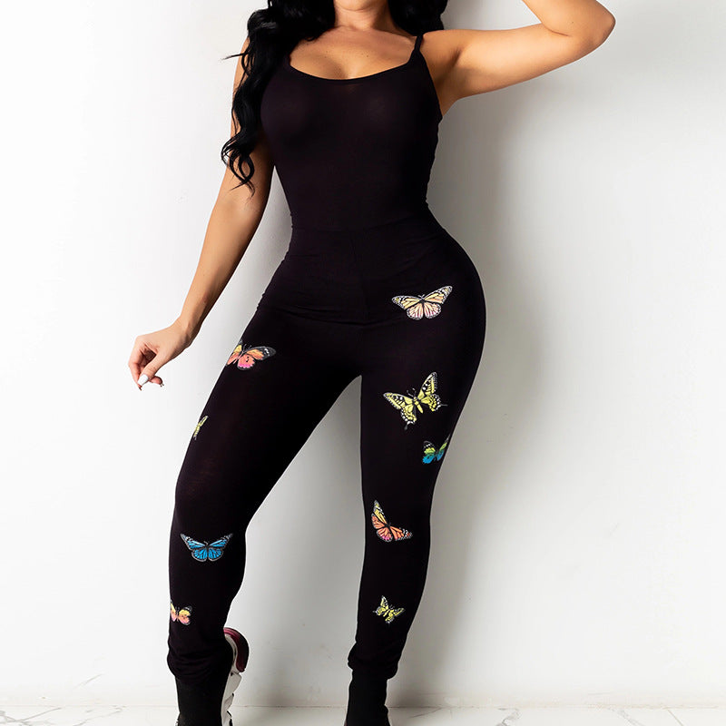 New Printed Butterfly Pattern Yoga Sexy Hip-Lifting Sling Jumpsuit