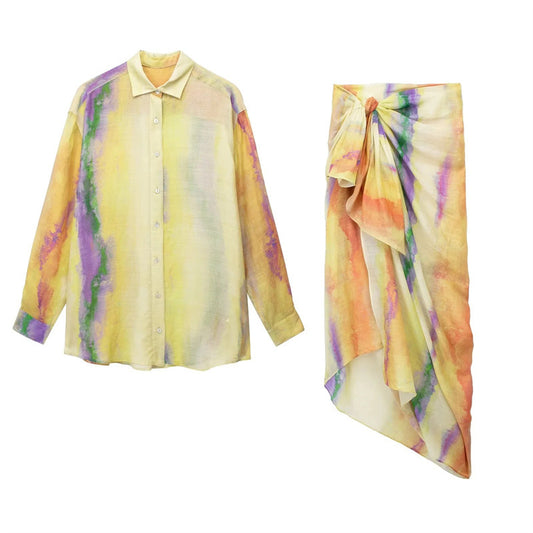 Woman Tie Dye Skirts Set Long Shirt Women Semi Transparent Button Up Shirt+Tie Dye Pareo Wrap Skirt Women's Skirts