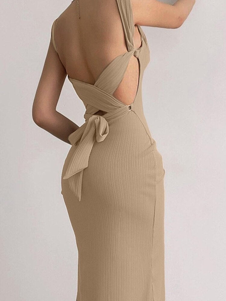 ZAFUL Women's Crisscross Tied Backless Rib Midi Bodycon Vegas Dress ZF508812401