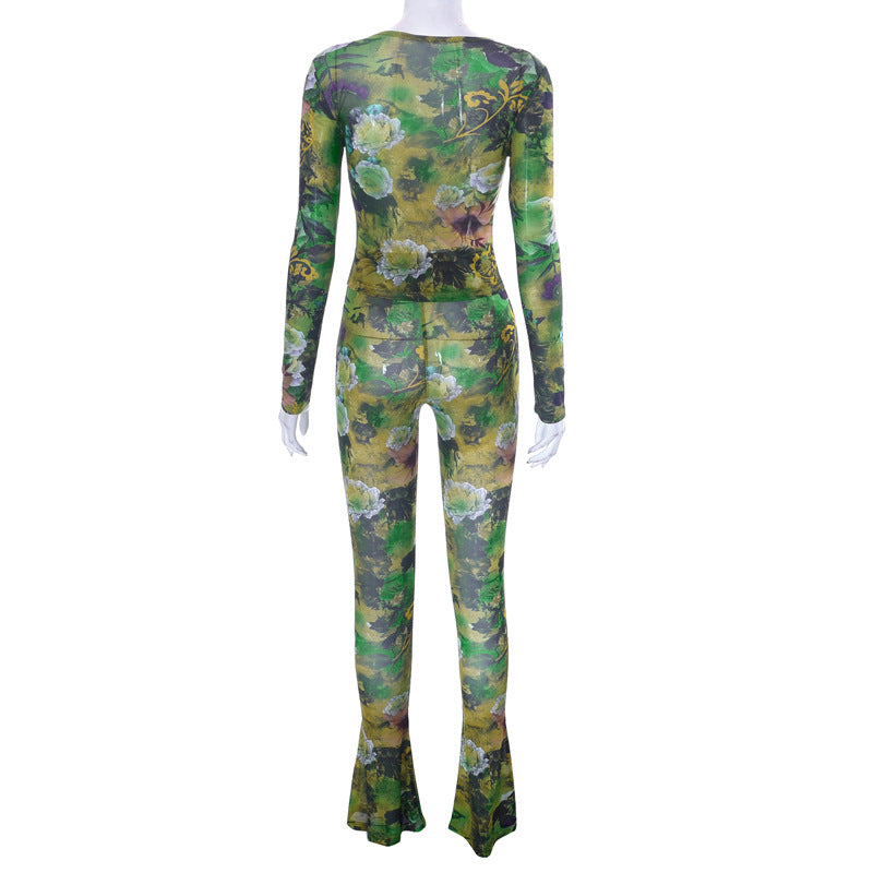 New Fashion Mesh Printed Tight Top And Trousers Casual Suit