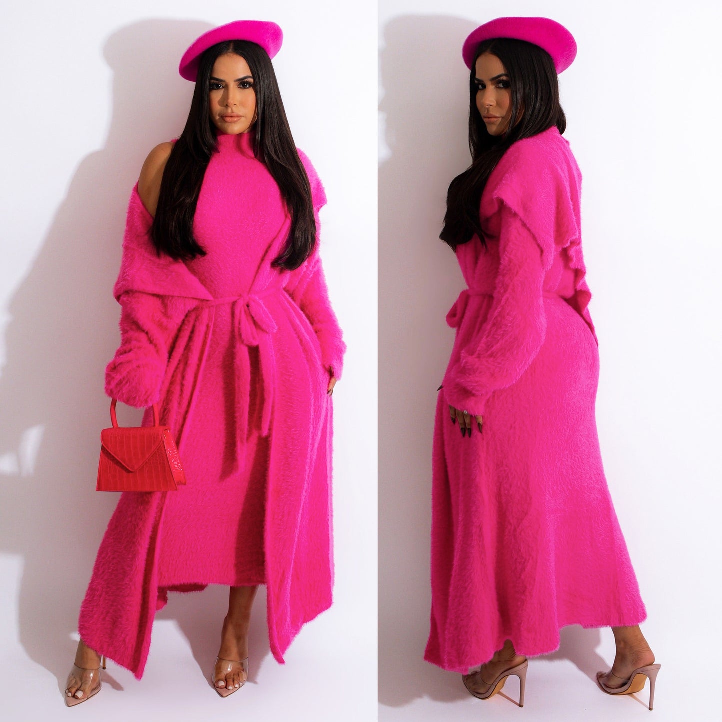 Autumn And Winter Elegant Dress Long Cardigan Velvet Two-piece Suit