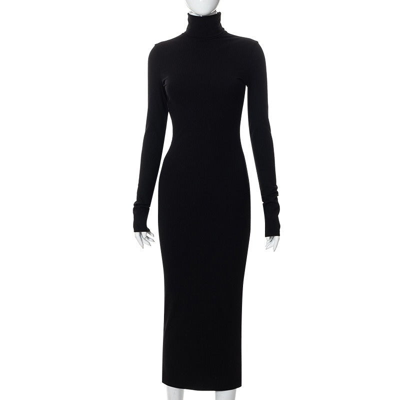 Autumn new half high collar long sleeved slim fitting threaded long dress