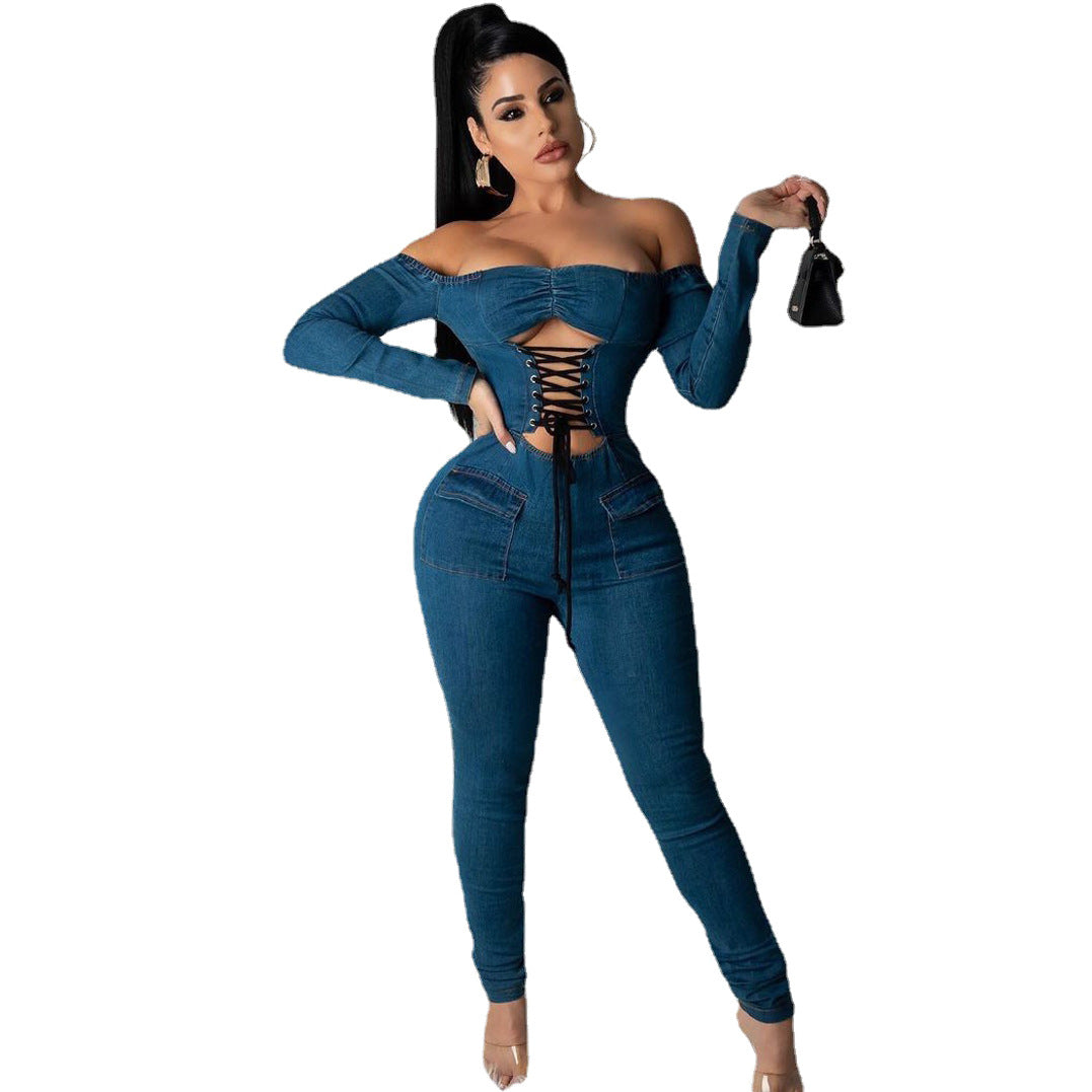 Women's One-piece Shoulder Strap Denim Jumpsuit