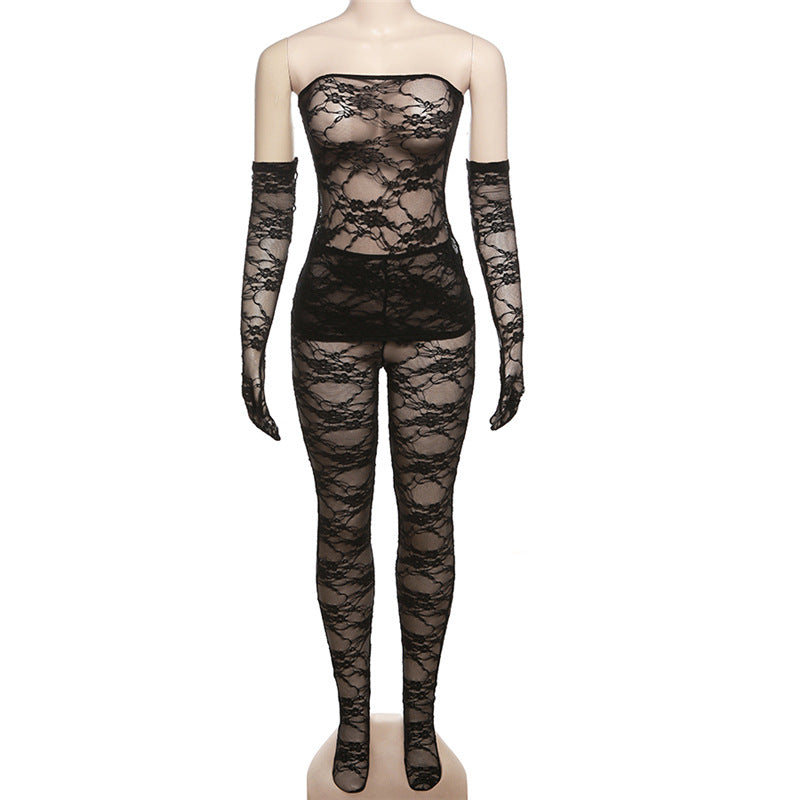 Women's Fashion Lace Tube Top High Waist Tight Body Stocking Long Pants Suit