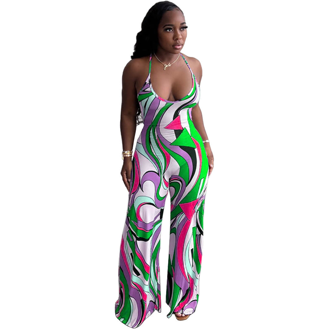 Sleeveless Casual Print Halter Strap Backless Fitted Jumpsuit