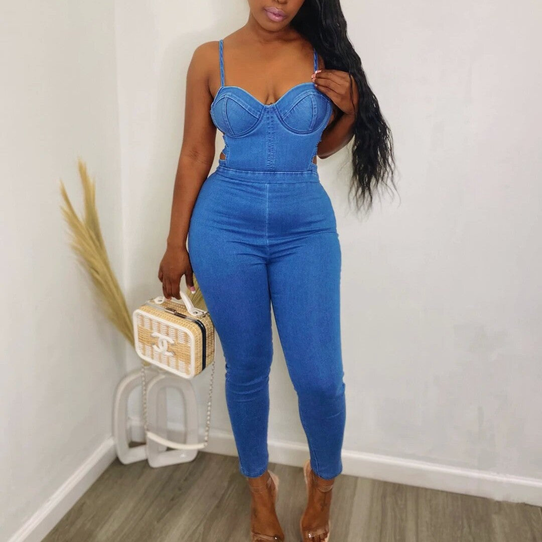 Women's Mid-waist Stitching Blue Denim Jumpsuit