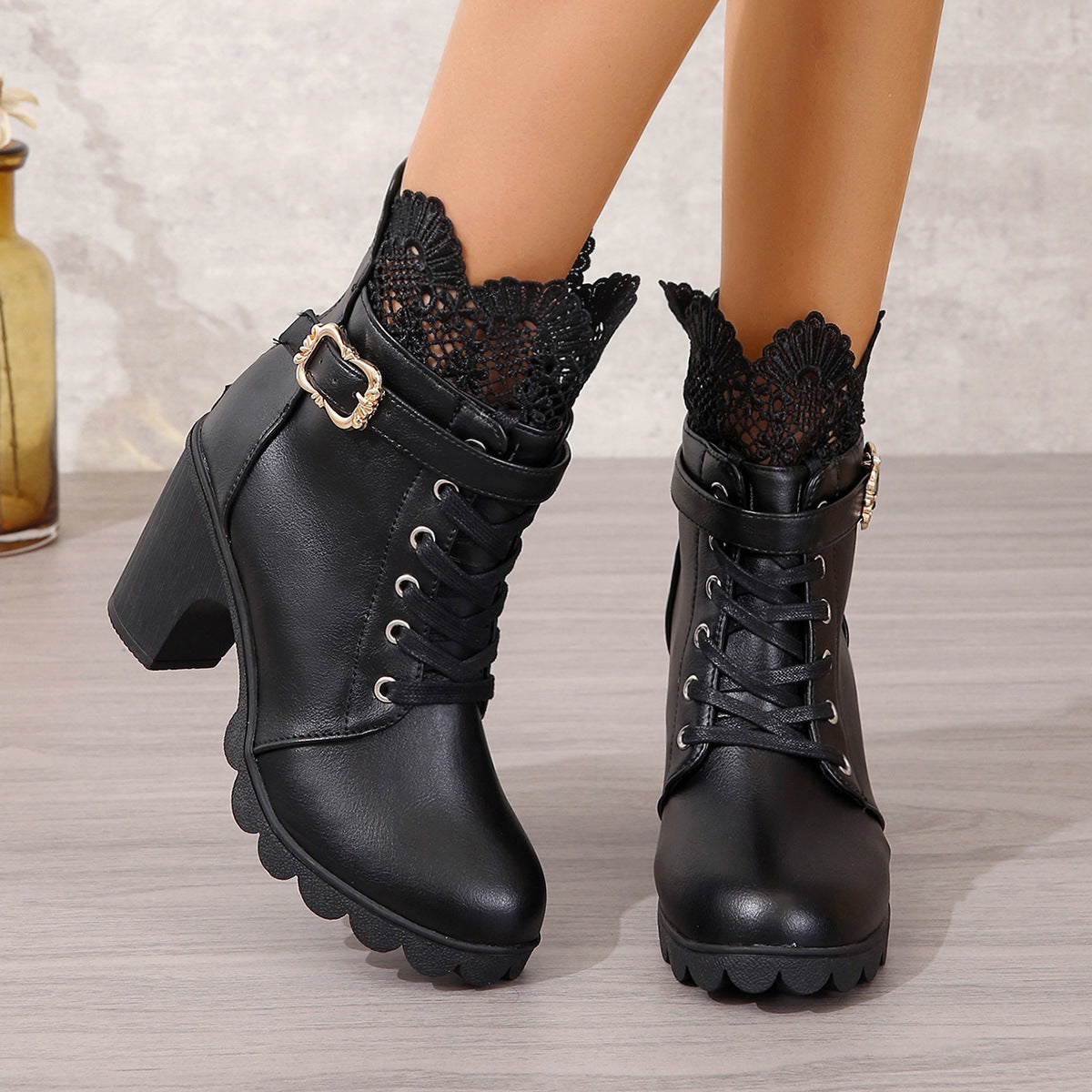 Women's Chunky Heel Waterproof Platform Lace Fashion Boots