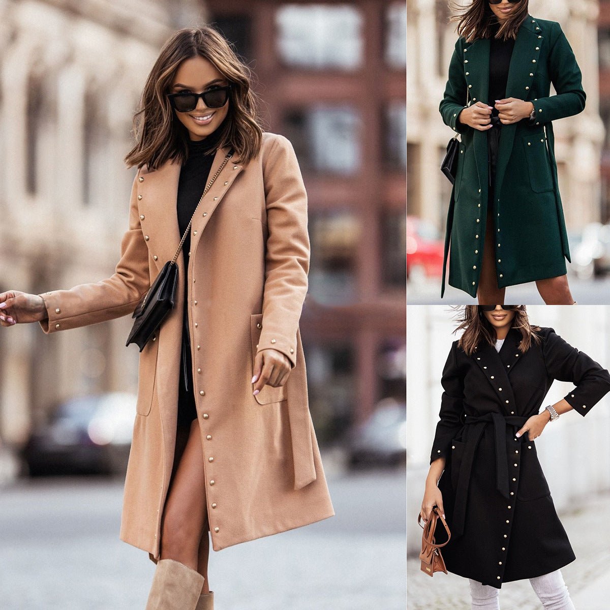 Lace Up Waist Rivet Long Sleeve Coat