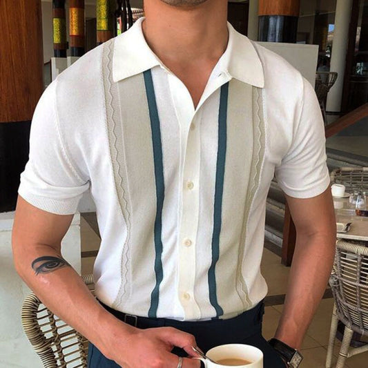 Men's Summer New Men's Sweater Lapel Pullover Casual Stripe Polo Shirt Shirt