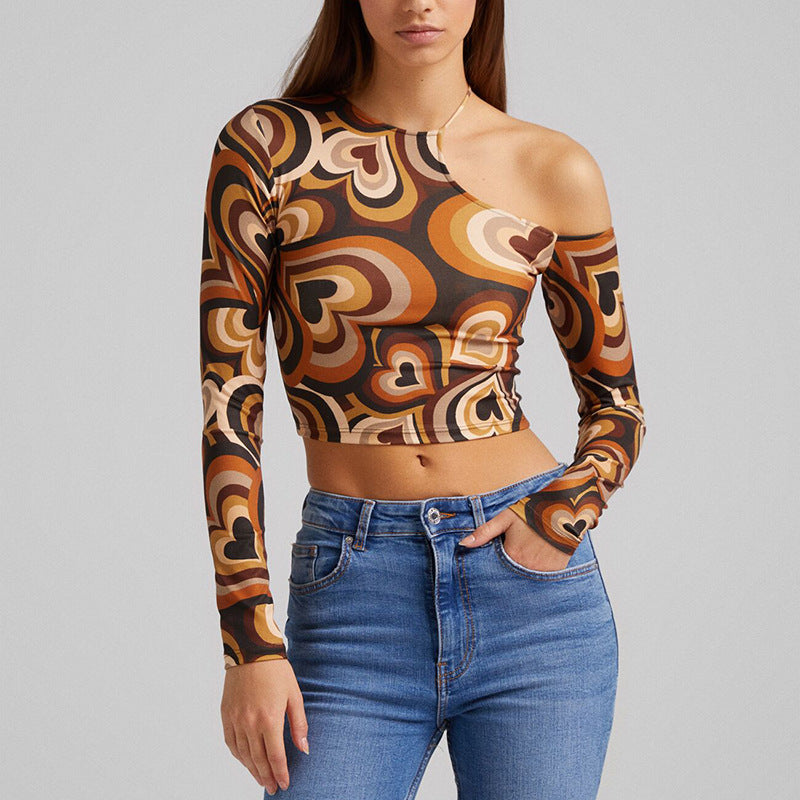 Women's Fashion Print Round Neck Halterneck Long-sleeved Top