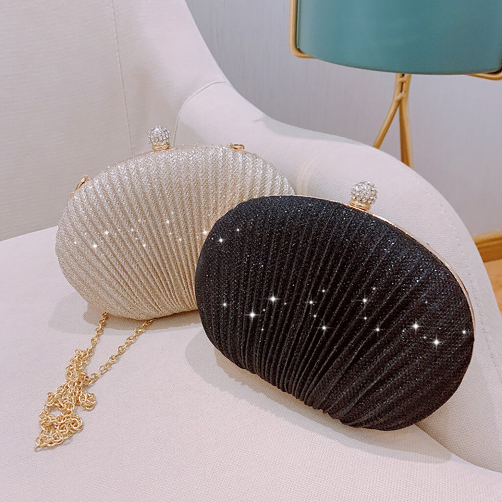 Women  Evening Bag Shell Simple Handbag Solid color Party Sparkly Clutch Pleated Handbag kadın Canta Sac Cuir Femme Bolso Mujer