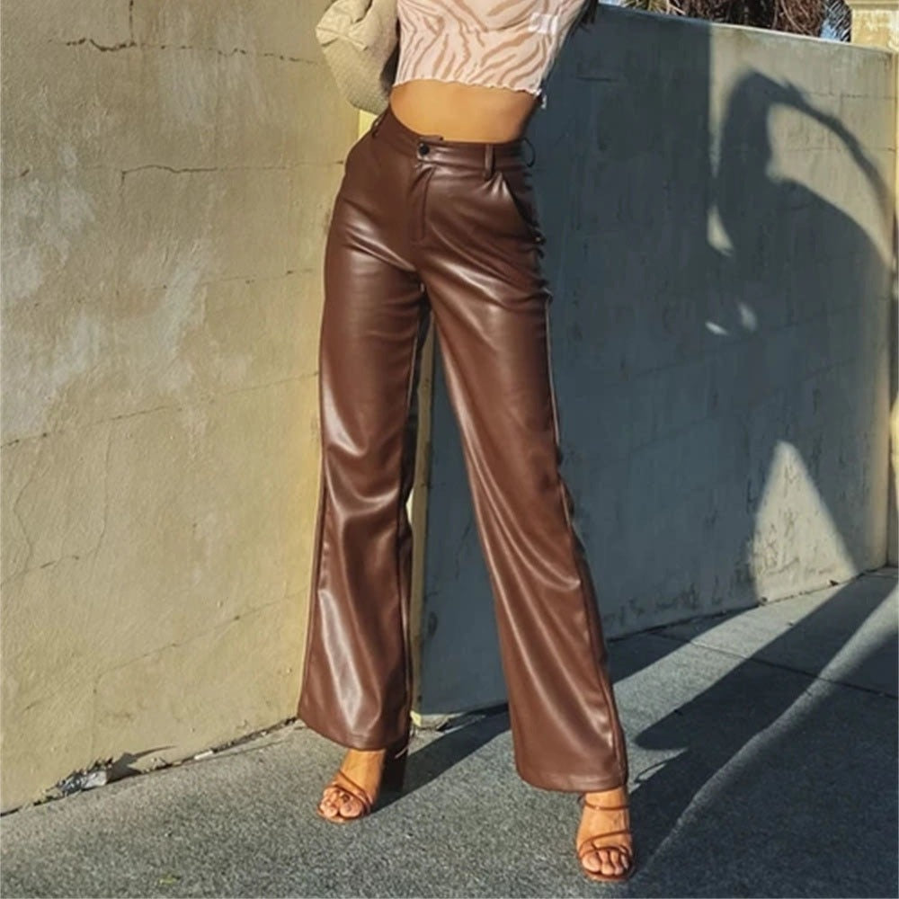 Autumn and Winter Women's PU Long Leather Pants Casual Wide Leg Pants High Waist Straight Tube Leather Pants