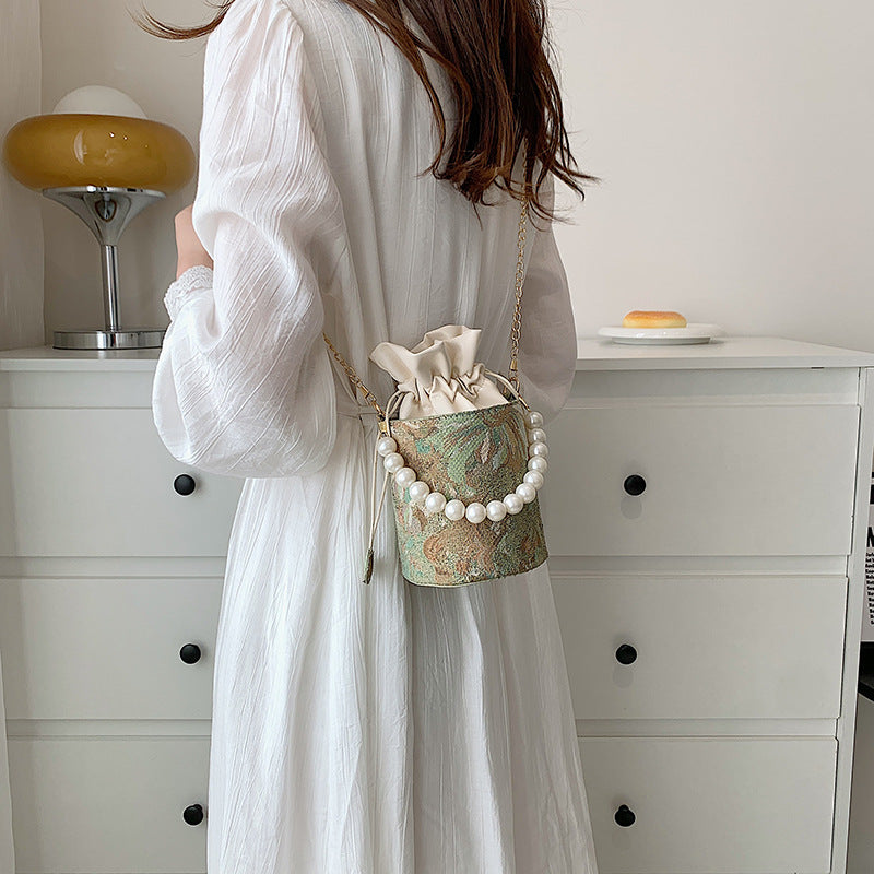 Chinese Style Pearl Chain Bucket Bag Underarm Shoulder Bag