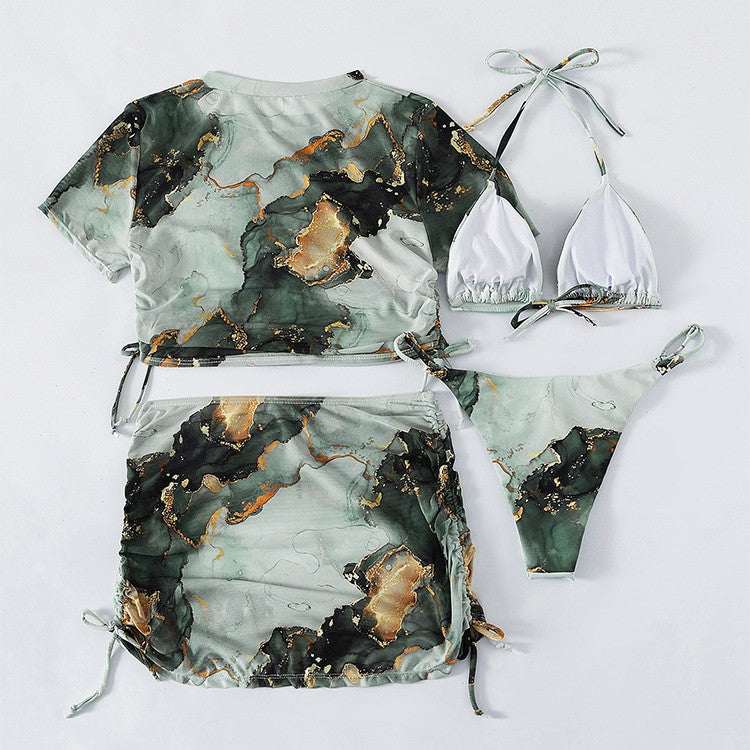 Women's Fashion Print Hanging Neck Bikini Swimsuit Set