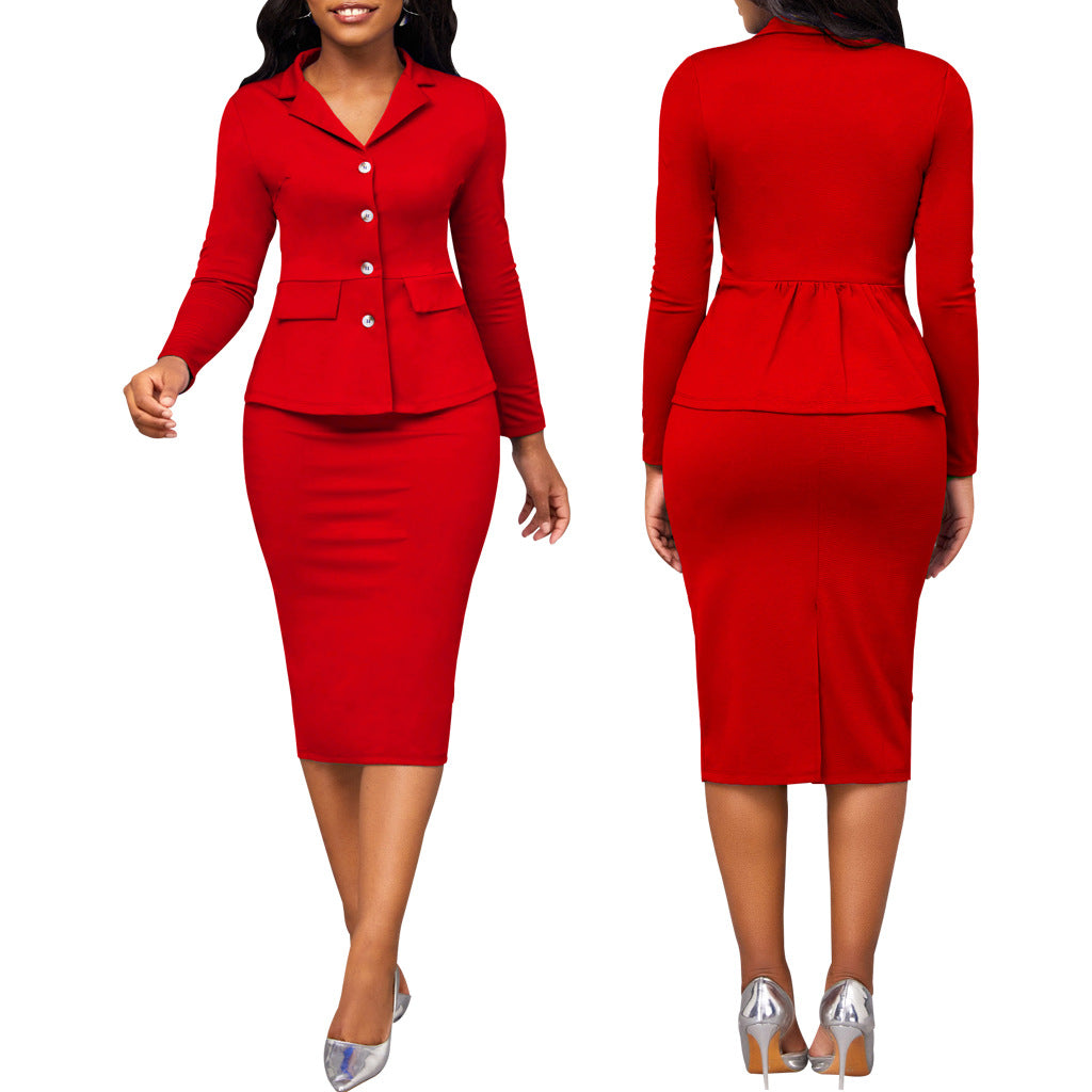 Fashion Solid Color Long-sleeved White Collar Women's Two-piece Suit