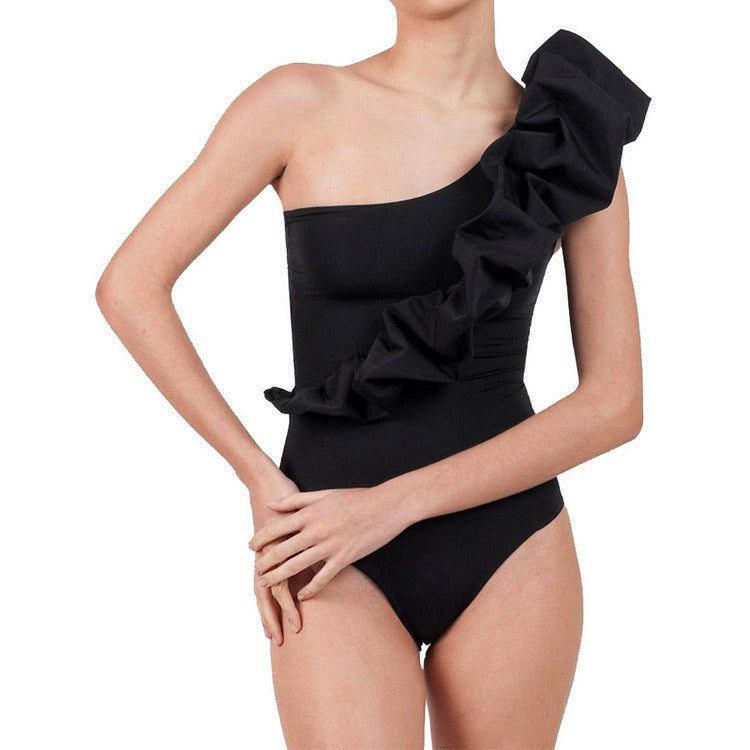 Black one piece swimsuit with sloping shoulders for women's vacation suit dress