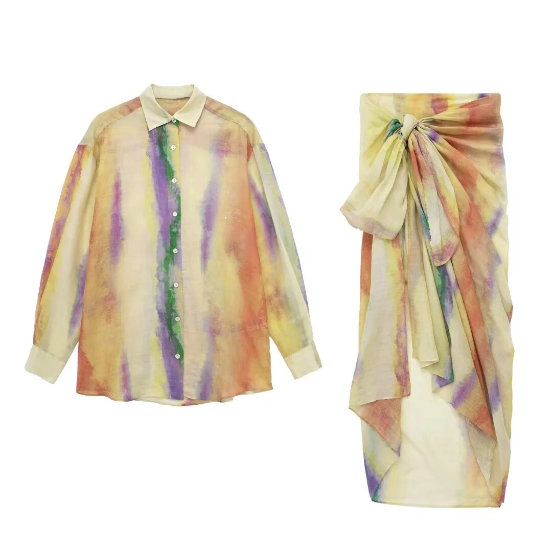 Woman Tie Dye Skirts Set Long Shirt Women Semi Transparent Button Up Shirt+Tie Dye Pareo Wrap Skirt Women's Skirts