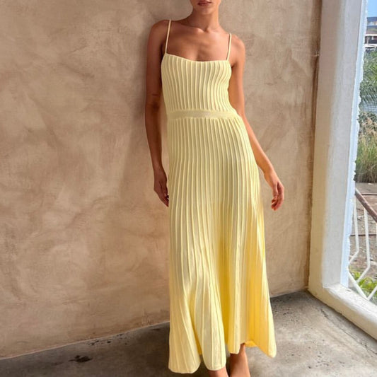 Casual Solid High Waist Knit Dress High Stretshy Sleeveless Pleated Long Skirt Dress Women Summer Beach Slip Dresses