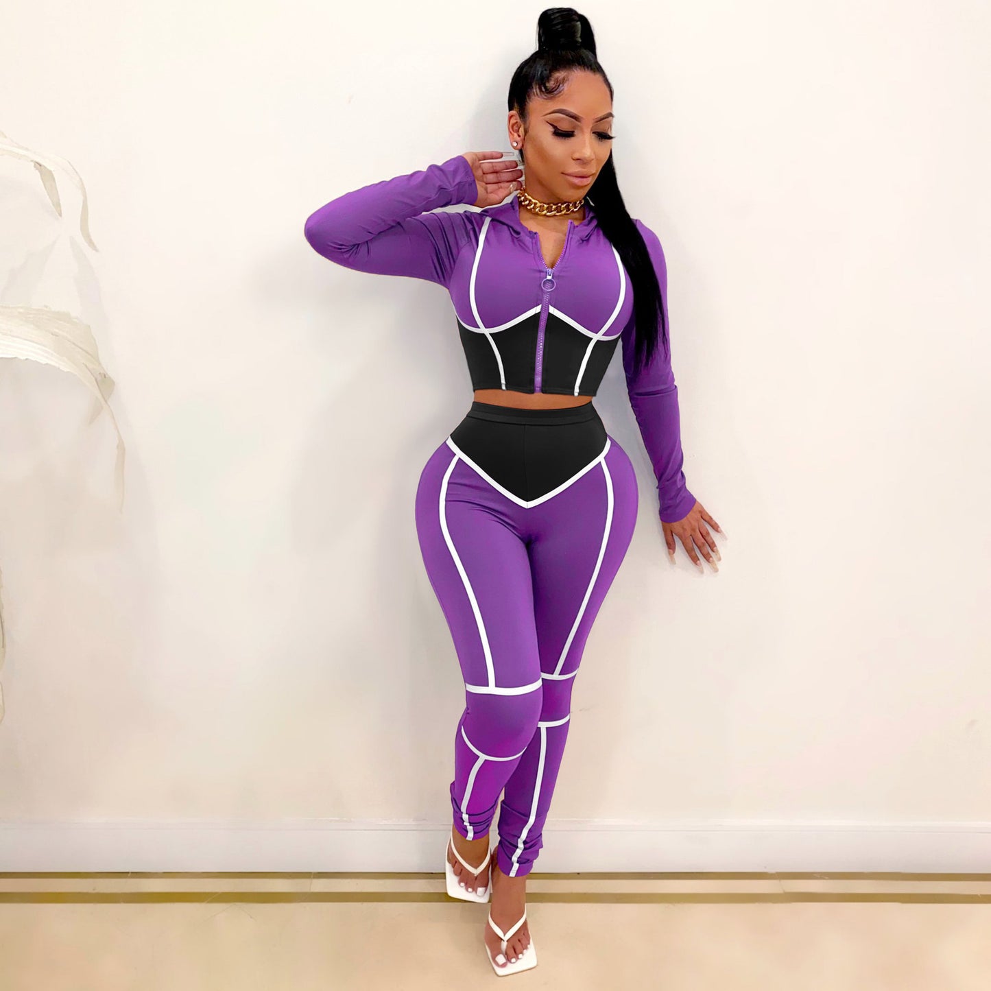 Women's Clothing Fashion Yoga Clothes Contrast Color Tight Two-piece Sports Suit