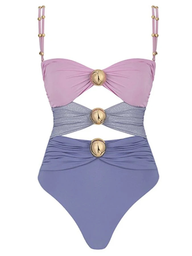 Color Block Cut Out One Piece Swimsuit and Sarong Fashion Patchwork Push Up Swimwear Women's Luxury Bathing Suit Beachwear