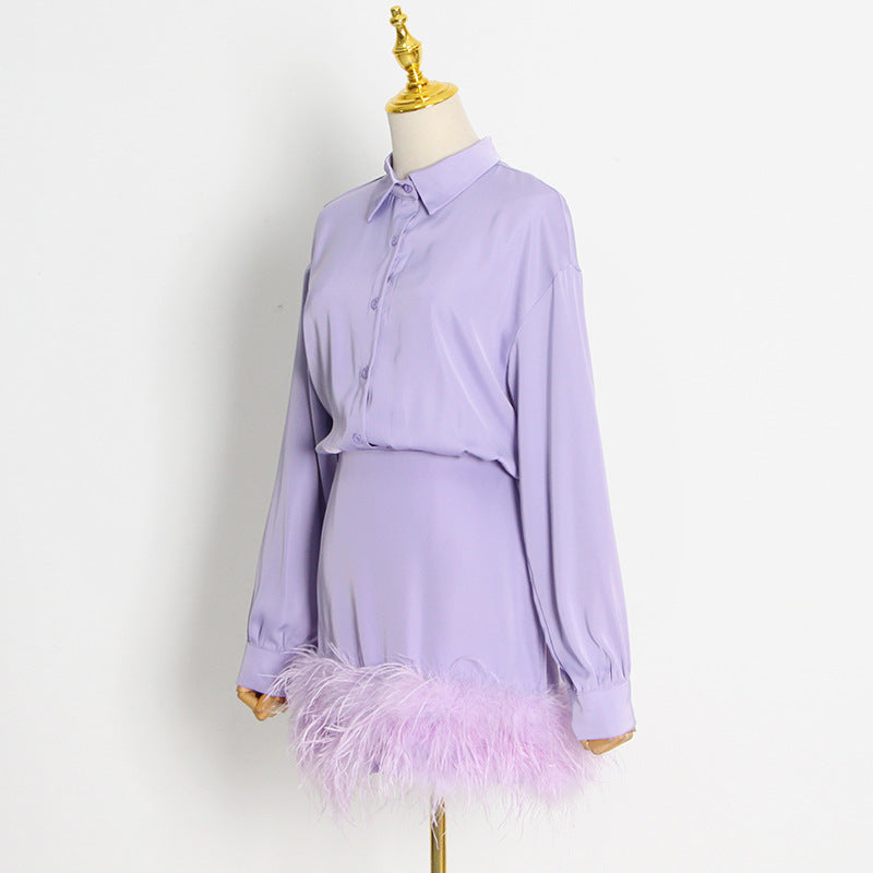 Autumn New Fashion Long Sleeve Solid Color Satin Feather Decorative Shirt Dress