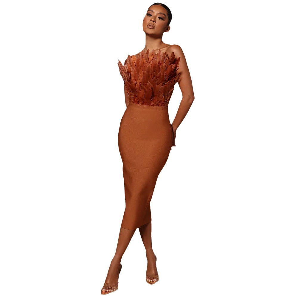 Women's Fashionable Tube Top Feather Bandage Dress