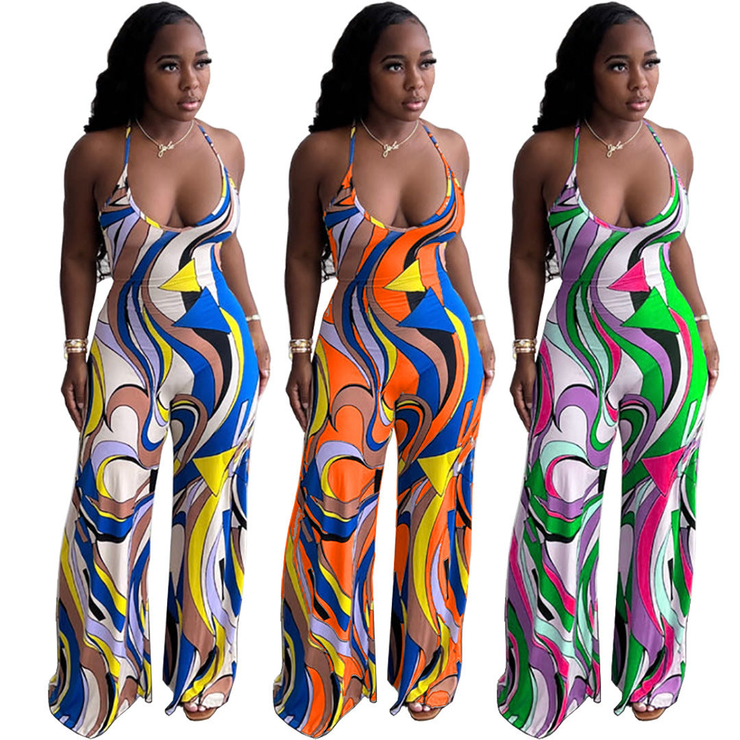 Sleeveless Casual Print Halter Strap Backless Fitted Jumpsuit