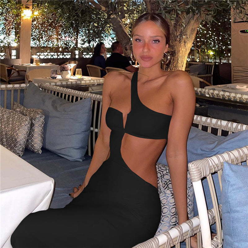 Women's Fashion Shoulder Sexy Cutout Backless Slim Fit Sheath Dress