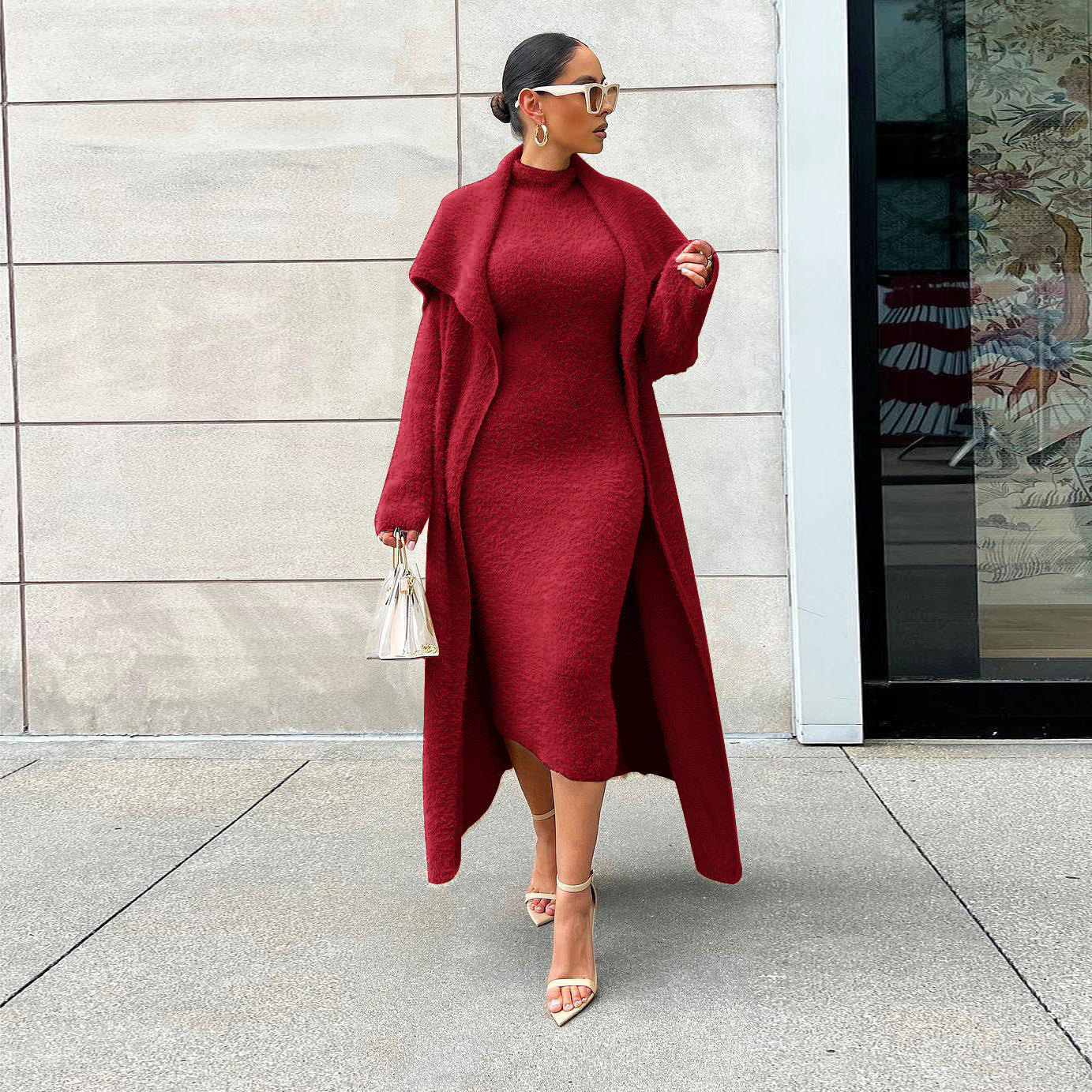 Autumn And Winter Elegant Dress Long Cardigan Velvet Two-piece Suit