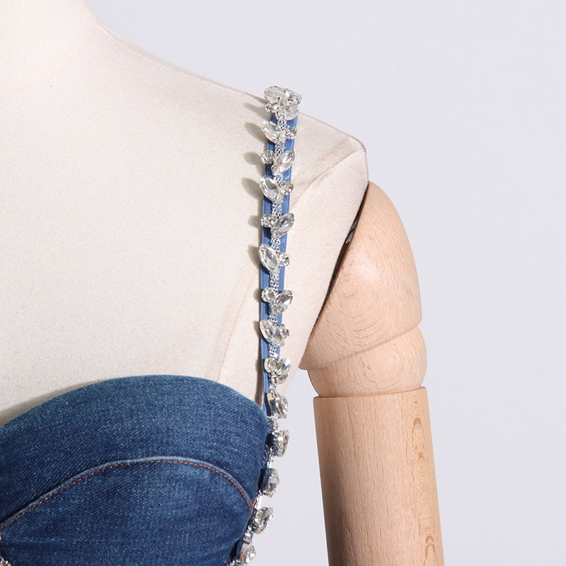 Back Zipper Fly Denim Crystal Stitching Vest