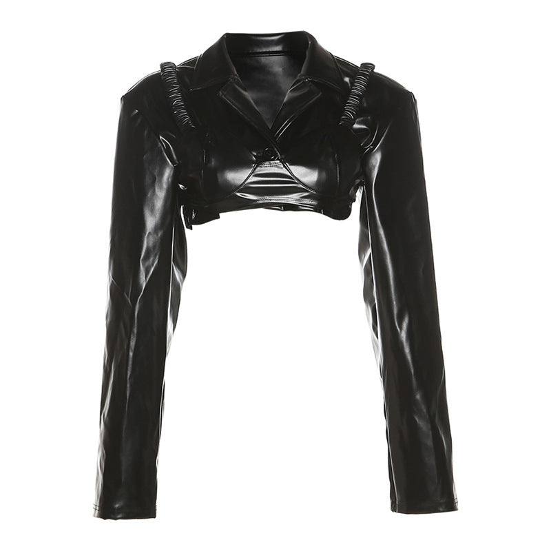 Women's New Style Long-sleeved Lapel Umbilical Slimming PU Leather Top