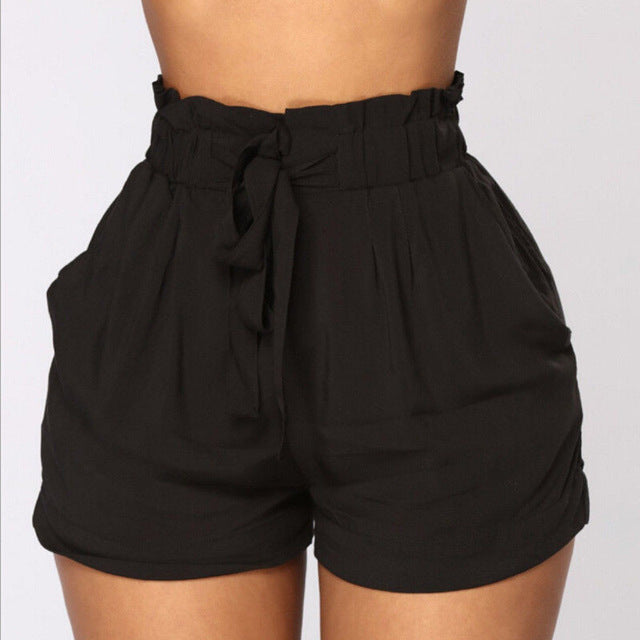 Womens High waist Shorts Elastic Waist Belt Bandage Solid Shorts Female Beach Loose Shortpants