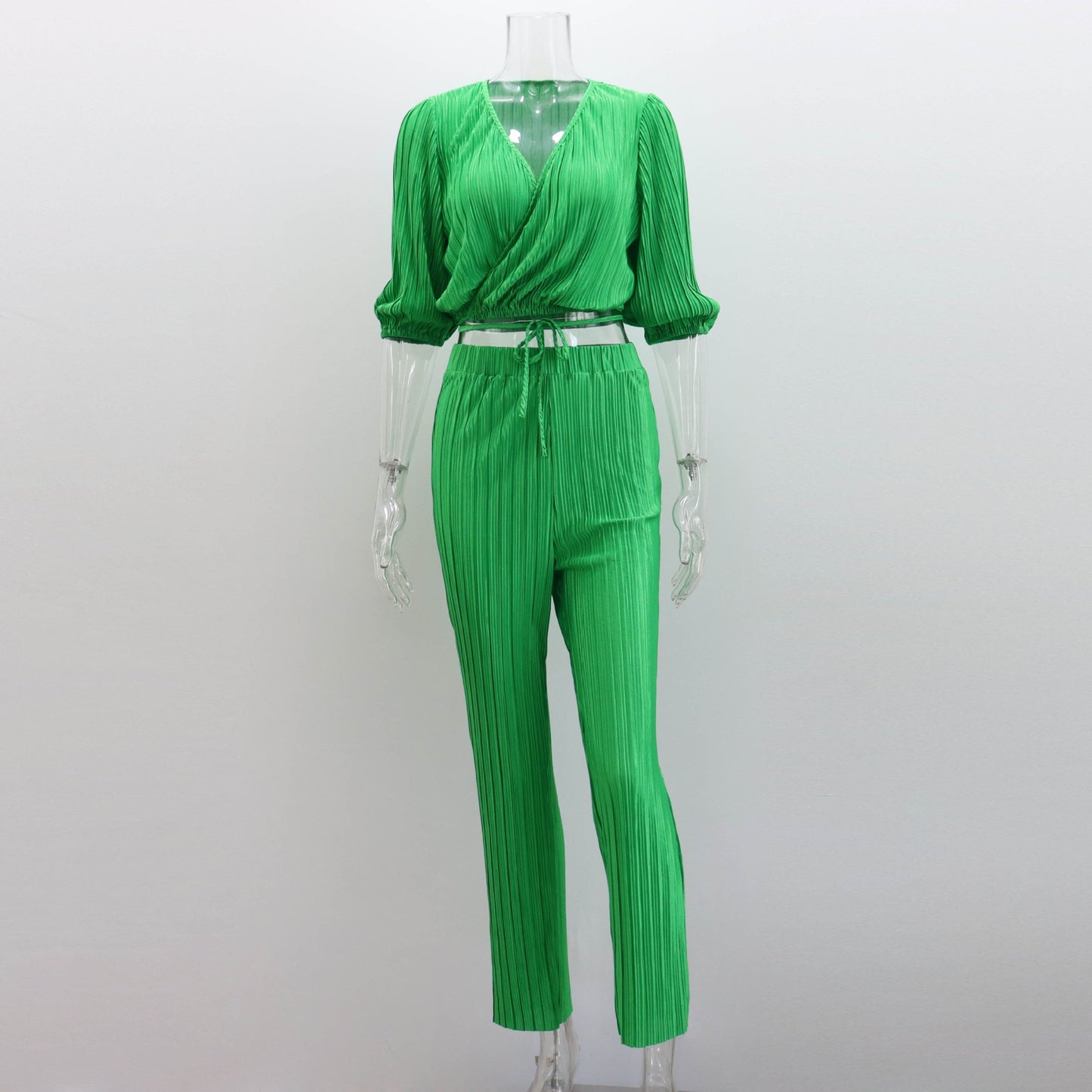 Summer casual straight pants suit new solid color pleated short-sleeved strappy V-neck top trousers two-piece suit