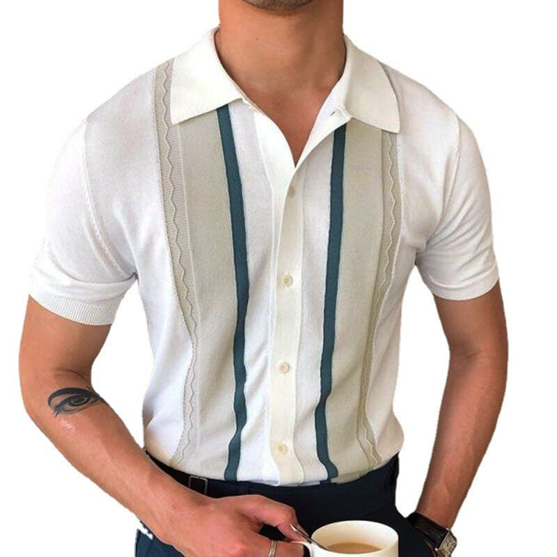 Men's Summer New Men's Sweater Lapel Pullover Casual Stripe Polo Shirt Shirt