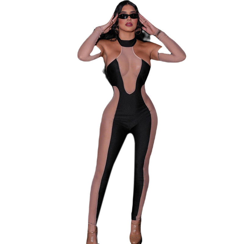 New Women's Clothing Fashion Halter Mesh Stitching Contrast Color Close-fitting Union Suit