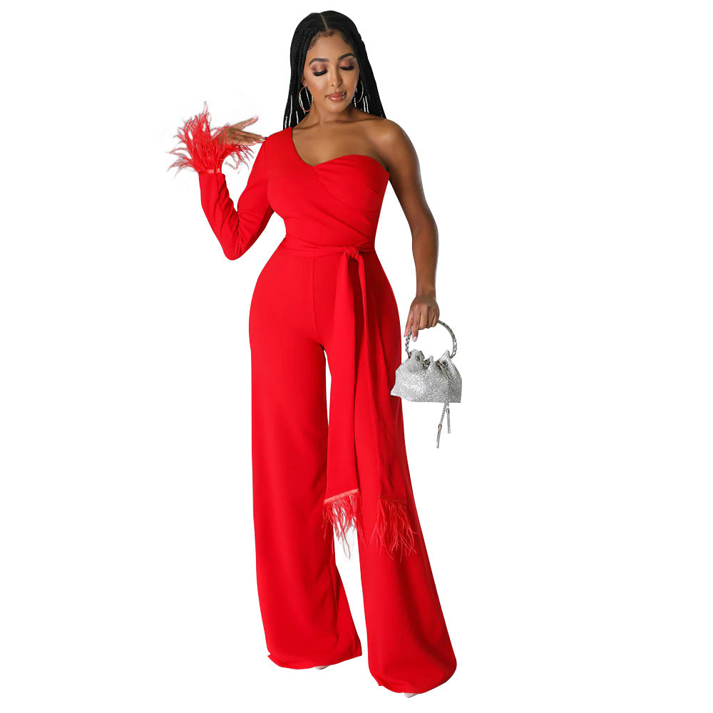 Wide-leg Pants One-shoulder Tassel Jumpsuit