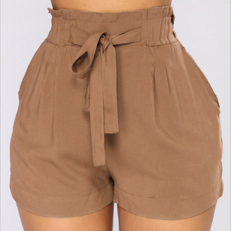 Womens High waist Shorts Elastic Waist Belt Bandage Solid Shorts Female Beach Loose Shortpants