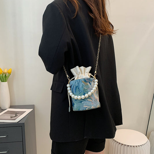 Chinese Style Pearl Chain Bucket Bag Underarm Shoulder Bag