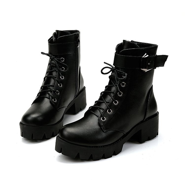 Women's Chunky Heel Lace-up Belt Buckle Waterproof Platform Non-slip Ankle Boots