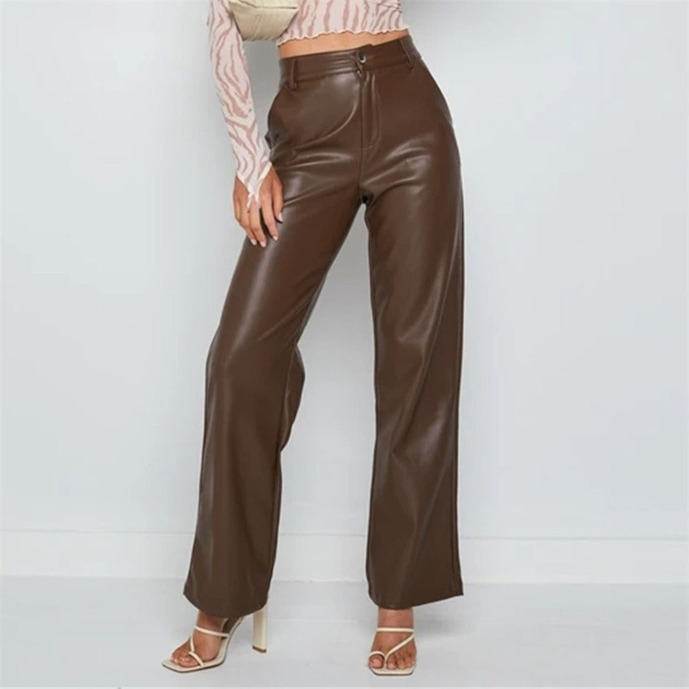 Autumn and Winter Women's PU Long Leather Pants Casual Wide Leg Pants High Waist Straight Tube Leather Pants