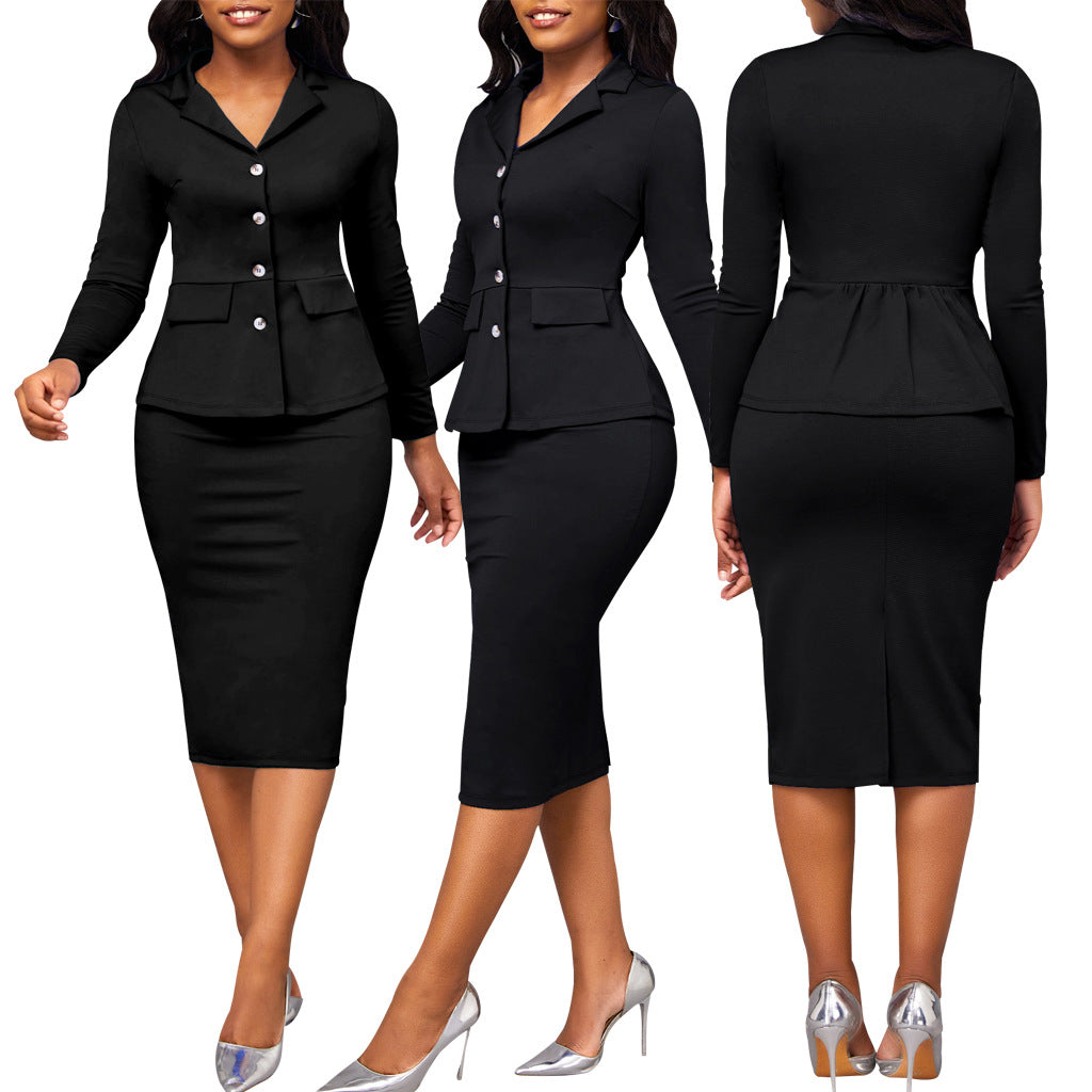 Fashion Solid Color Long-sleeved White Collar Women's Two-piece Suit