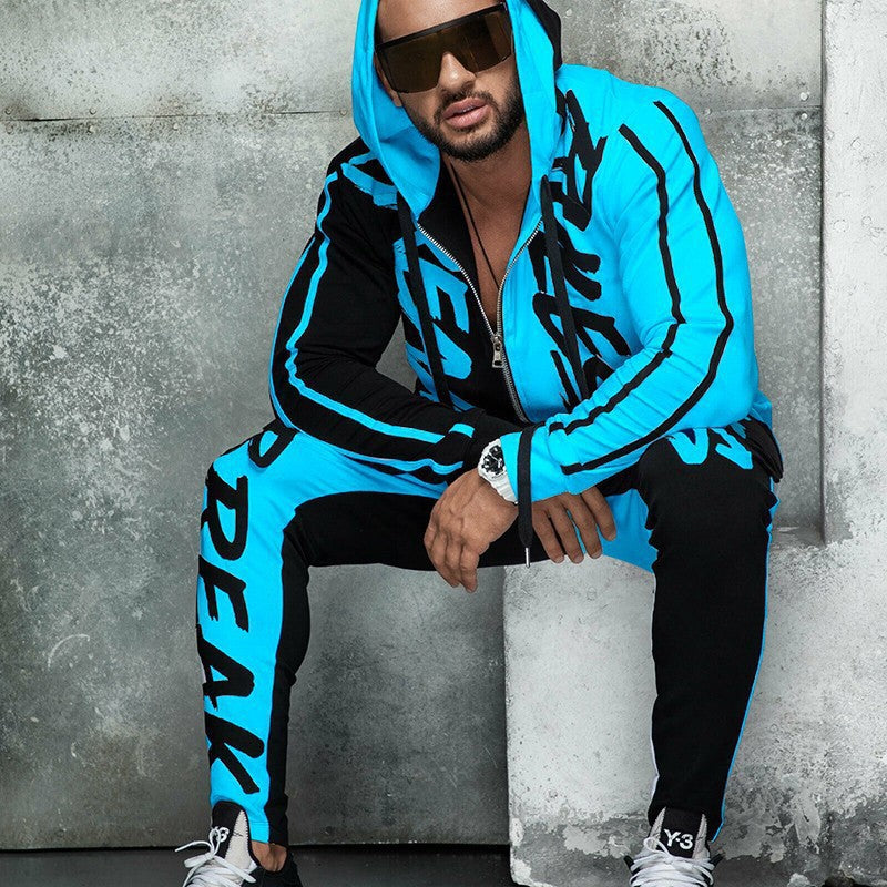 Men's Sports Suit Hooded Letters Color Matching Zipper Cardigan