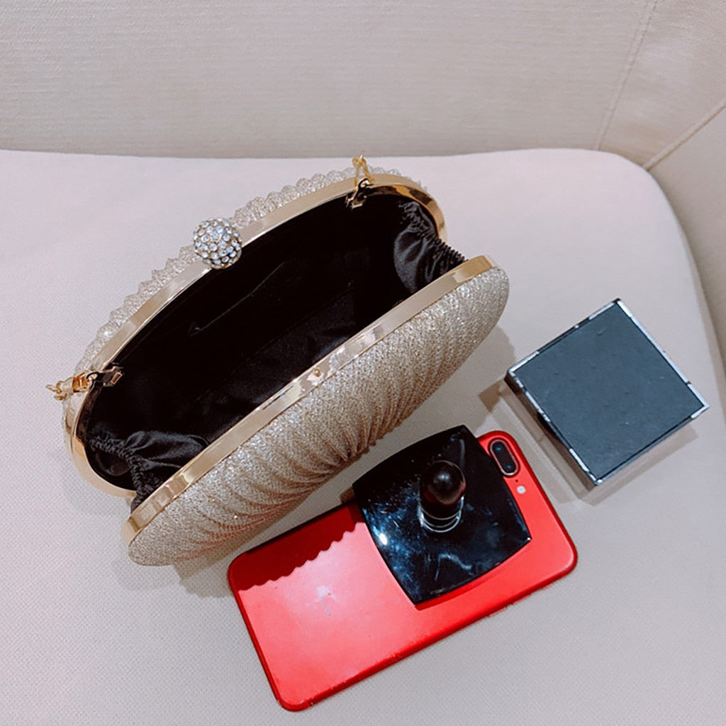 Women  Evening Bag Shell Simple Handbag Solid color Party Sparkly Clutch Pleated Handbag kadın Canta Sac Cuir Femme Bolso Mujer