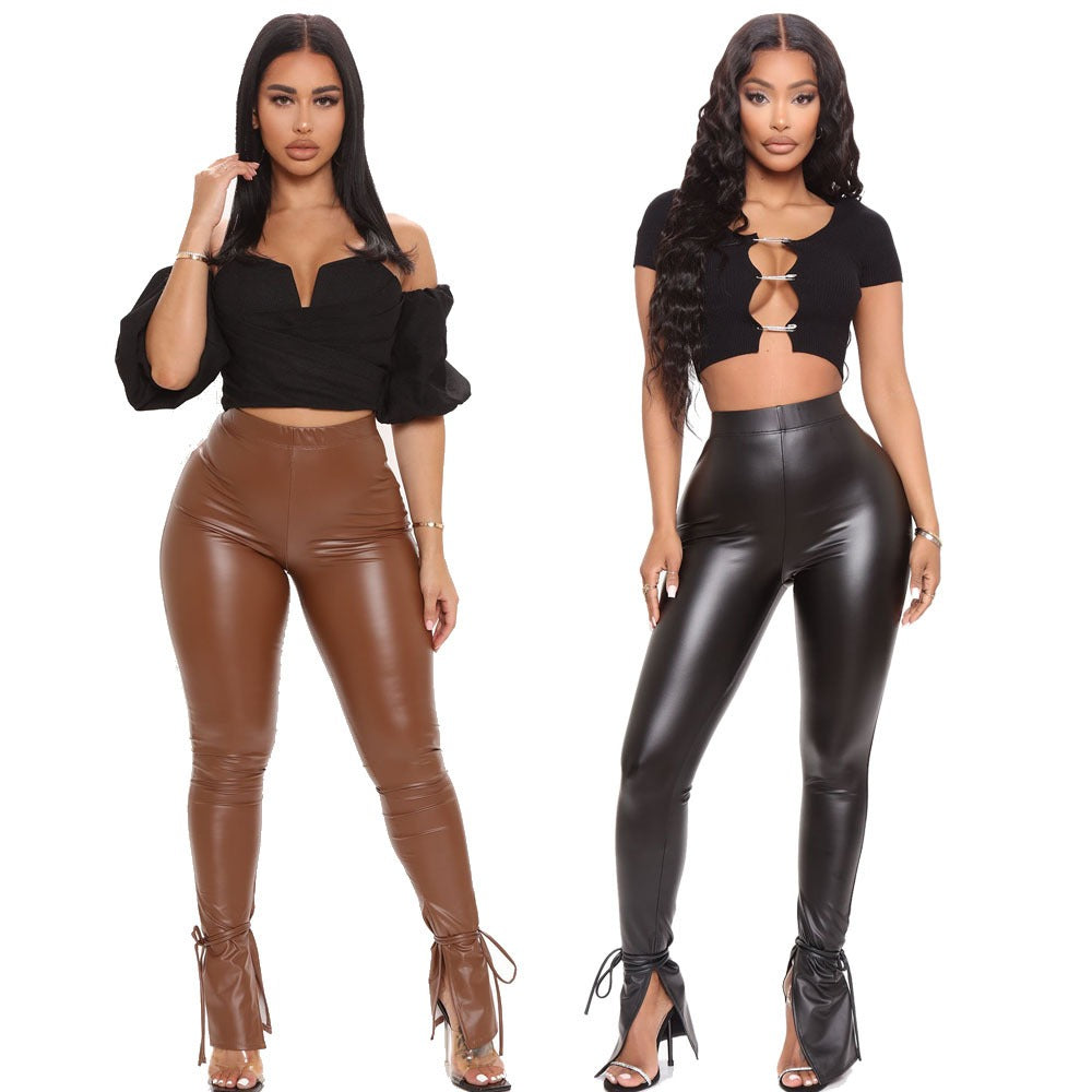 Women's Autumn New Tight High Elastic Strap Micro Horn Side Split Pu Leather Pants