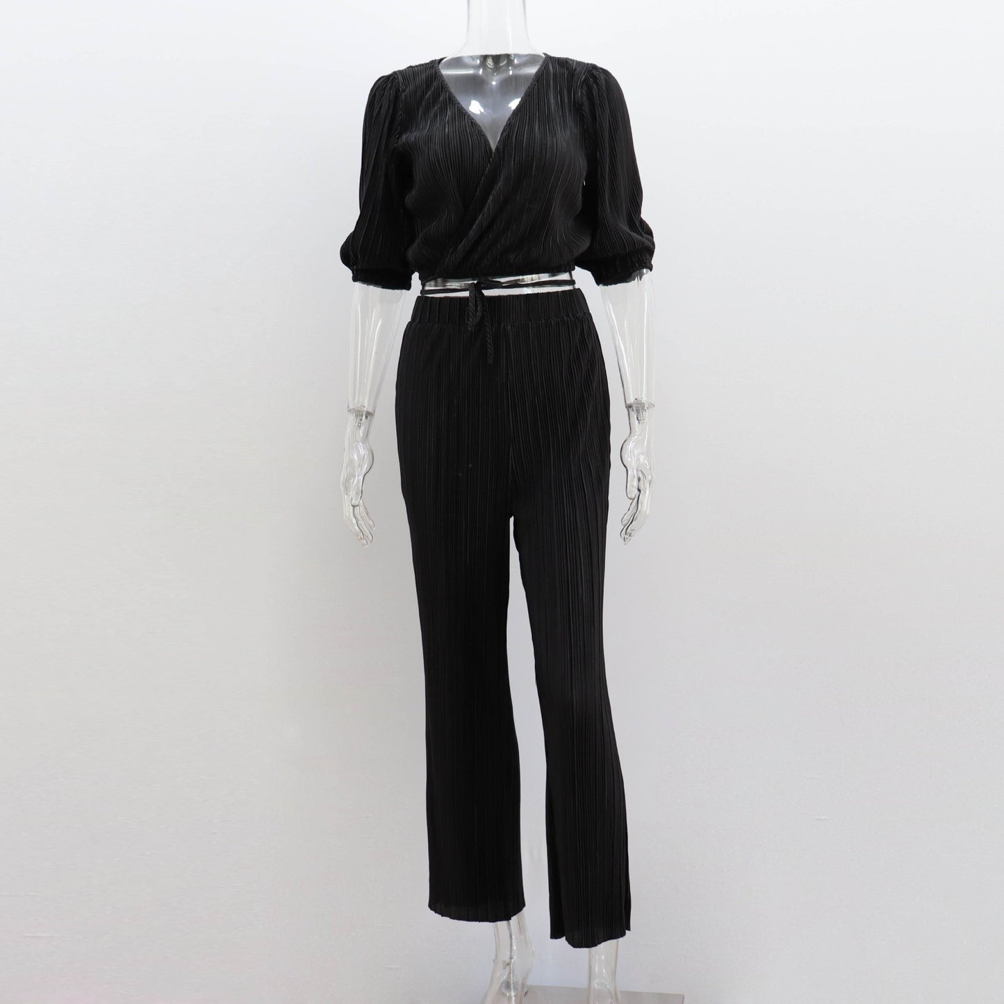 Summer casual straight pants suit new solid color pleated short-sleeved strappy V-neck top trousers two-piece suit